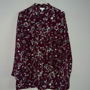 J JILL Button Front Collared Floral Tunic Top Shirt Blouse Small Long Sleeve